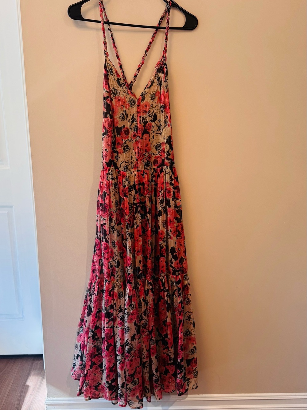 Astr Floral Tiered Maxi Dress in Pink, Black and Cream